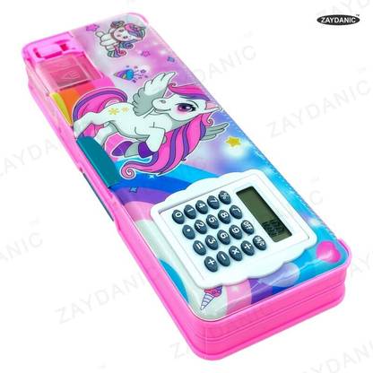 RINGHAS Unicorn Calculator Geometry Box Magnetic Lock, Inbuilt Calculator, and Dual Compartment Organizer Art Plastic Pencil Box