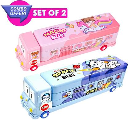 टोक्सेन Cartoon Printed School Bus मेटल पेंसिल बॉक्स विथ मूविंग टायर्स एंड शार्पनर फॉर किड्स आर्ट Metal पेंसिल बॉक्स