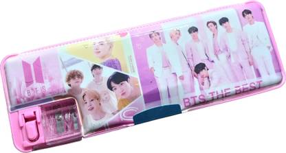 Citrine New Design Bts Pencil Pink Box Shinny Look With All Bts Character Jin Suga etc With Magnetic Lock Both Side Art Plastic Pencil Box