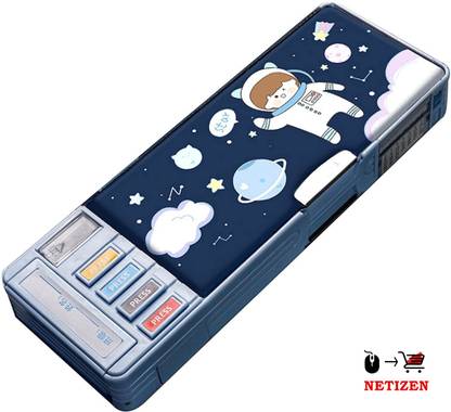 JOY MAKER Quality Multi Compartment Button Operated Cat Pencil Box For Kids Astranaut Art Plastic Pencil Box