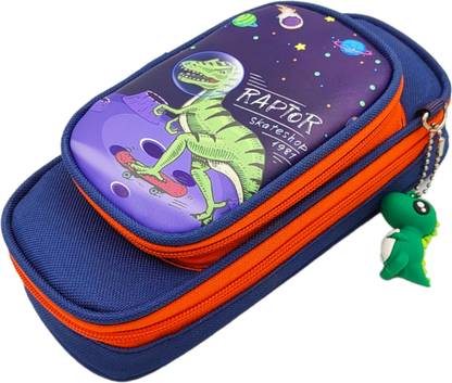 poksi Dinosaur Pencil pouch with double zipper| hook for Keys | |Internal leaf for stationery arrangement Art Canvas Pencil Box