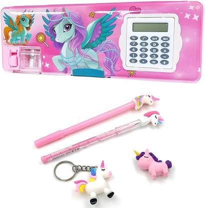 Joy Junction Inbuilt Calculator Unicorn Pencil Box Geometry Box 5 Pc Combo for Girls Unicorn Birthday Gift Set Art Plastic Pencil Box