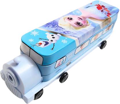 Vaniha Frozen Themed Double Decker Bus Compass with Movable Wheels & Sharpener Art Metal Pencil Box