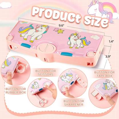 Busy Bear Cute Cartoon Pencil Box with Scissors, Ruler, Tape and Sharpener Unicorn Art Plastic Pencil Box