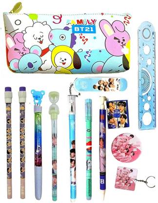 KELOSK 11pcs Cute Korean Team Bt-21 School Items for Kids Combo of BTS Stationery Gift Set for Kids Fancy Gift Set Birthday Return Party Favor Rakhi Gift for Sisters Art Canvas Pencil Box