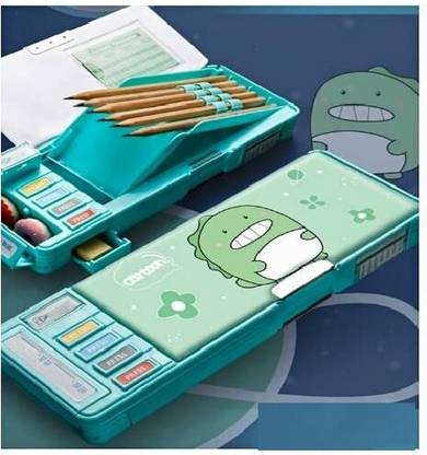 JagshantiGiftCollection KBX-7069-Dino Multifunctional Button Operated Unicorn Box with Pen Stand in-Built Push Button Art Plastic Pencil Box