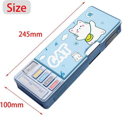 radhey preet Trendy Lucky Cat Print Dual Side Multi Compartment Multiple Button Operated Mechanical Magnetic Compass Box For Kids |, Price for 1pc | RP806 Art Plastic Pencil Box