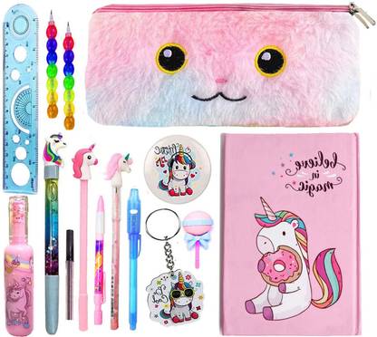 Neel Unicorn Stationery Birthday Party Favor Return Gift Set for School Stationery Set for Girls,Unicorn Fur Pencil Case/Pouch Geometry Box with Stationery Art Canvas Pencil Box
