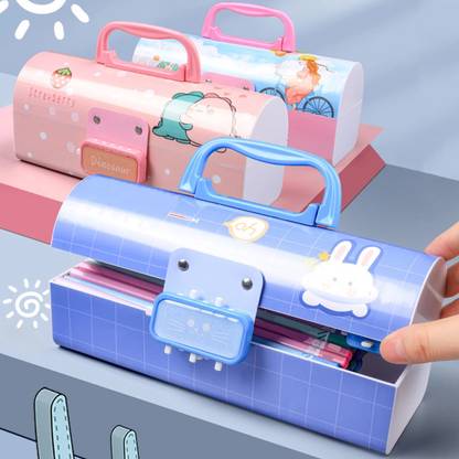 Viradiya's Password Lock And Multi-Layer Pencil Case, Random Design Boys & Girls Art Plastic Pencil Box