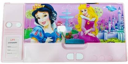 CRAFTY CUDDLE Princess Jumbo Double Sided Pencil Box with hidden push buttons / Princess Art Plastic Pencil Box