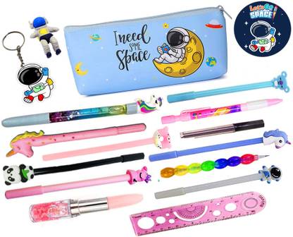 Neel 17pcs Space Theme Stationery Set for Party Favor Gift Set Christmas Gift Diwali New Year Gift Astronaut Theme Return Gift Sets Space Pouch/Pens Jumbo Pack Combo Art Canvas Pencil Box