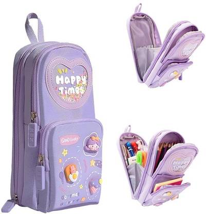 FUNVERSE Premium Pencil Case 6 Layer with 3 Compartment Cute Pencil Case for Girls Happy Times Art Canvas Pencil Box