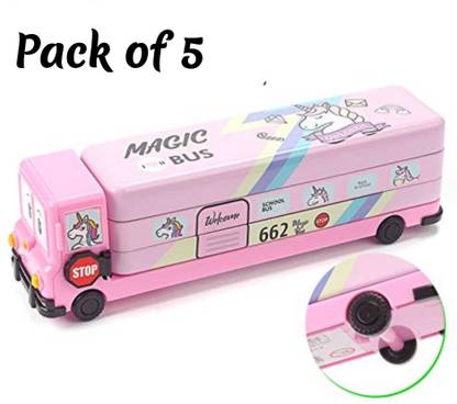 ShubhKraft School Bus Shaped Pencil Box for Kids with Wheels and Sharpener Cartoon Art Metal Pencil Boxes