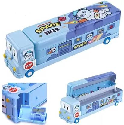 Urban Festivities Space Printed School Bus Matal Pencil Box With Moving Tyres And Sharpner Space Art Metal Pencil Box