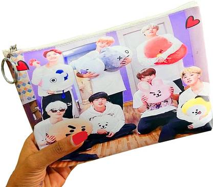 Neel BTS Army Team Collection EMOJI print Large Capacity Big Pouch for School Stationery Travel Cosmetic Pouch for School with BT-21 Key Chain Gift for Kids Art Polyester Pencil Box