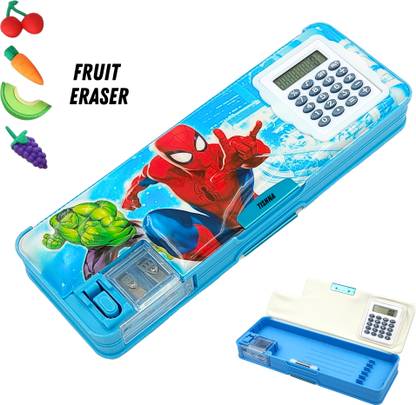 tishna Cartoon Printed Boys character Dual Section Pencil Case for kids Boys Stationery Box with Sharpener & Calculator Magnetic Lock Geometry for Kids Art Plastic Pencil Box