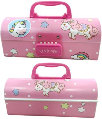 PEACORA Password - Cute UNICORN Double Layer Stationery BOX Organizer Art Plastic Pencil Box