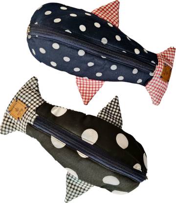 Rasa Handmade Shark Pencil Cases/ Pouches In Pack Of 2 Red And Black shark Art Canvas Pencil Boxes