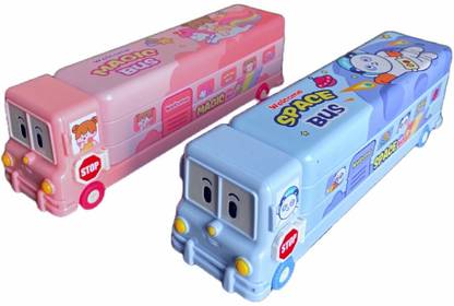 AtoZ 2 Piece Combo Magic Bus Metal Pencil Box with moving Wheels and Sharpener Art Metal Pencil Boxes