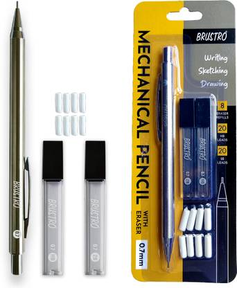 BRuSTRO Mechanical Pencil with Eraser(8 units), 0.7mm,leads HB-20 units,2B-20 units, Pencil