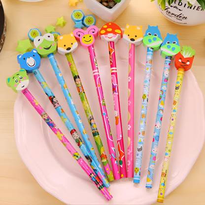 SOHAM Colourful Set of 10 Cartoon Design Pencil With Eraser For Kids Boys Girls Pencil
