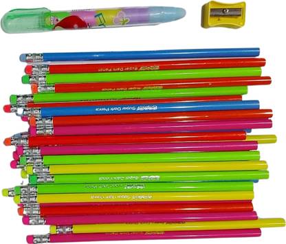 Posshe Flora Rubber Tip Super Dark 30 Pencil With 1 Push Eraser,1 Log Points Sharpner Pencil