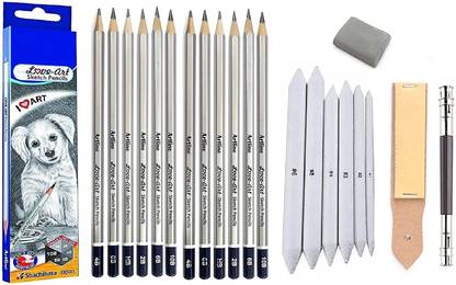 DEZIINE 21 PCS Pencil Set With 12 Pencil 6 Blending Stumps 1 Sand Paper, Pencil