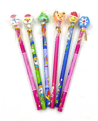 dishvy Cartoon Pencils with eraser top set of 6 Pencils and erasers Pencil