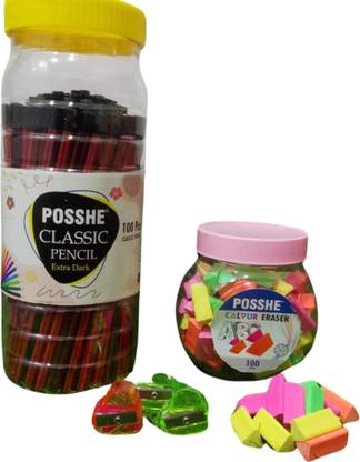 Posshe 100 Hexa Pencil 100 Florescent Trigle Eraser & 2 Crystel Dil Sharpener Pencil