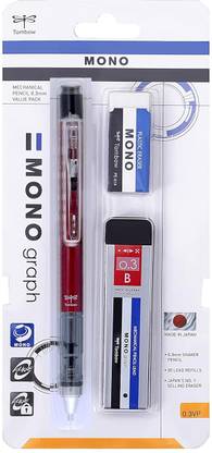 Tombow Mono Graph Mechanical Pencil 0.3mm, with Lead and Eraser- Value Pack Red Pencil