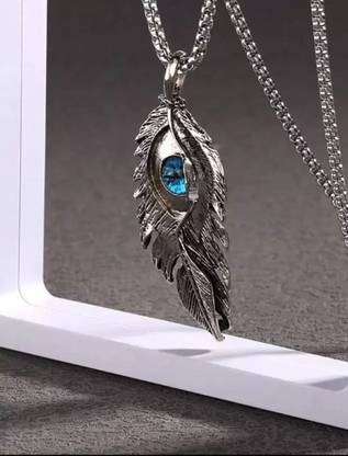 ruby collection Blue Eye Feather Alloy Pendant with Stainless Steel Box Chain for Men & Boy Silver Silver Pendant Set