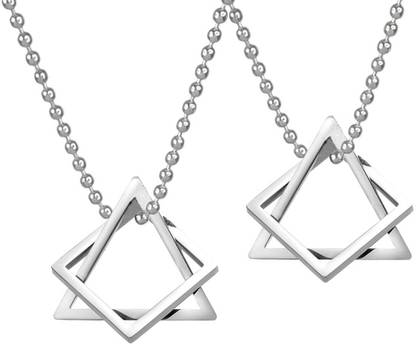 Uniqon (2 Pcs) Geometric Interlocking Triangle Square Hip Hop Locket Pendant Ball Chain Silver Stainless Steel Pendant