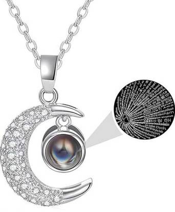 zebisco Crescent Moon Projection Necklace – “I Love You” in 100 Languages Silver Stainless Steel, Steel, Sterling Silver Locket