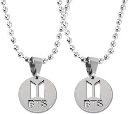 Utkarsh Set Of 2 Silver Color 3D BTS Round Coin/Sikka Pendant Locket Necklace With Chain Silver Stainless Steel Locket Set