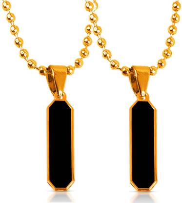 Uniqon (Set Of 2) Golden Ractangular Octagon Dripping Glue Black Stone Pendant Locket Stainless Steel