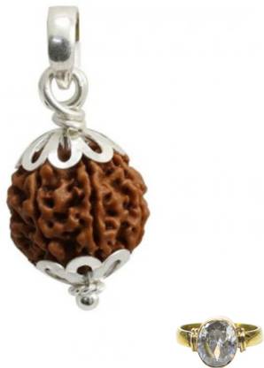 SPRIGEMS For Vrishabh & Tula Rashi 6 Mukhi Rudraksha Locket WithWhite Zircon Ring Silver Locket