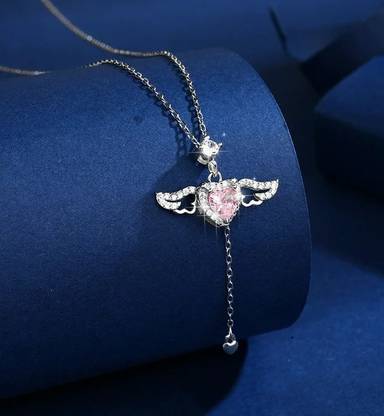 Uniqon Silver Diamond AD Nug Pink Love Heart Moving Angel Wing Locket Pendant Necklace Silver Stainless Steel