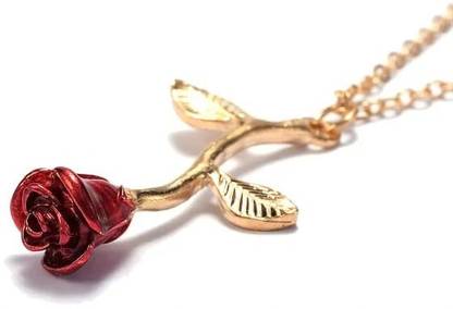 vien Red Rose Shape Long Chain Pendant Necklace for Women Simple Beautiful Jewelry Gold-plated Alloy Pendant
