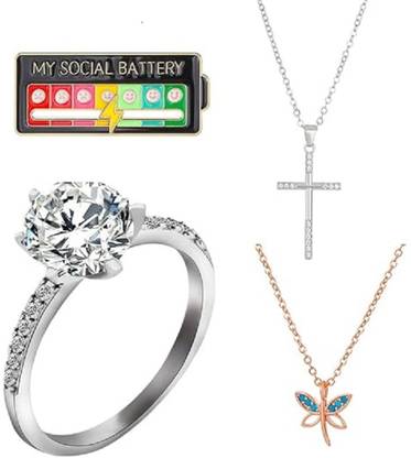 goho Cross Pendant Necklace, Vibrant Butterfly Charm Necklace My Social Battery Badge Brass Pendant Set