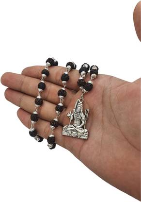 Kuttumb Gems & Jewels Natural Rudraksha Mala in Silver Polished Caps, 5 Face Rudraksha Necklace Silver Beads Brass, Wood Locket Set