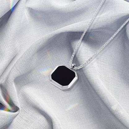 JRISSY Black Stone Square Natural Stone Necklace, Simple Casual Silver Stainless Steel Locket
