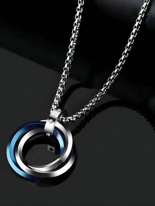 RAPPERSSHOP Three-Ring Pendant Stainless Steel Necklace with Box Chain Sterling Silver Cubic Zirconia Stainless Steel Pendant Set