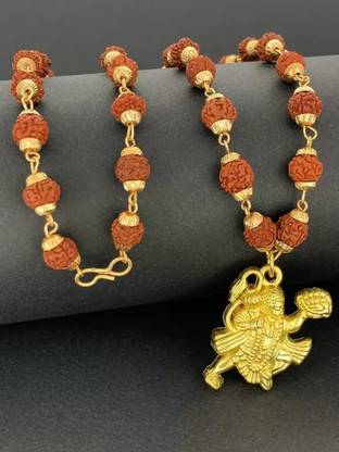 ANVIKA Original 5 Mukhi Rudraksha Golden CapMala With Hanuman Ji Locket Gold-plated Brass Pendant Set
