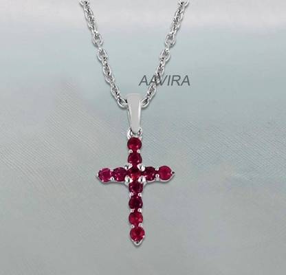 AAVIRA Round Ruby Cross Necklace Silver Pendant