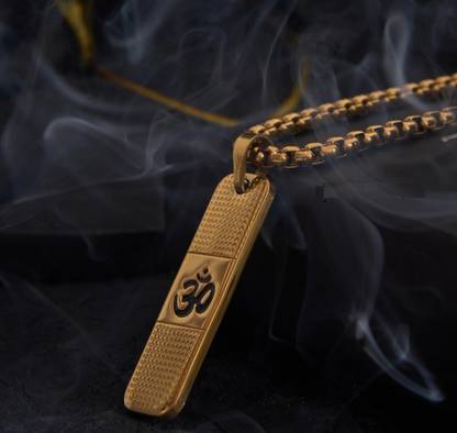 VIANSH Golden Flat Bar Lord Shiva Mahadev Mahakaal Om Pendant Locket Necklace Box Chain Stainless Steel