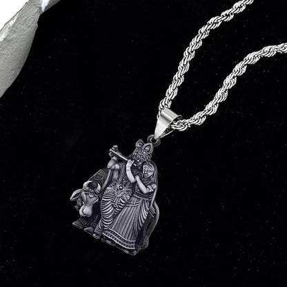 M Men Style Lord Couple Lover Radhakrishna Hindu God Pendant For Men SPn 202425 Rhodium Metal, Stainless Steel Pendant