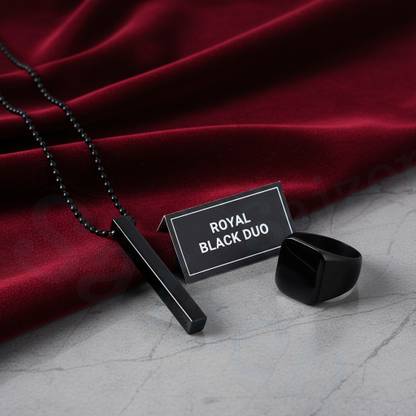 Saizen Black Vertical Bar Pendant With Chain & Black Ring Combo Set for Men and Boys Black Silver Stainless Steel, Metal Pendant Set