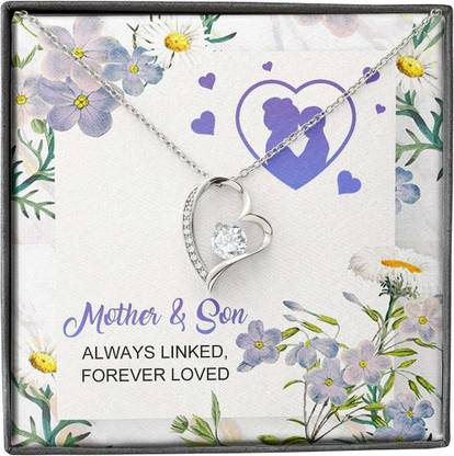 Rakva Gift Mom , Mother Son , Presents For Mom , Always Linked Forever Loved Rhodium Cubic Zirconia Sterling Silver Pendant Set