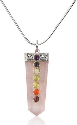 CRYSTU Natural Rose Quartz Pencil Shape 7 Chakra Pendant with Metal Chain for Unisex Quartz, Agate Crystal Pendant