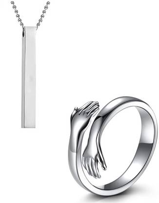 JS Enterprises Stunning Trendy Combo of Silver Ball Bar Pendant and Hug Ring for Couple Silver Stainless Steel Pendant Set